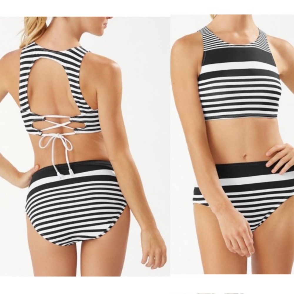 Tommy Bahama Striped Lace Up Back Black & White Two-Piece Swimsuit Bikini
